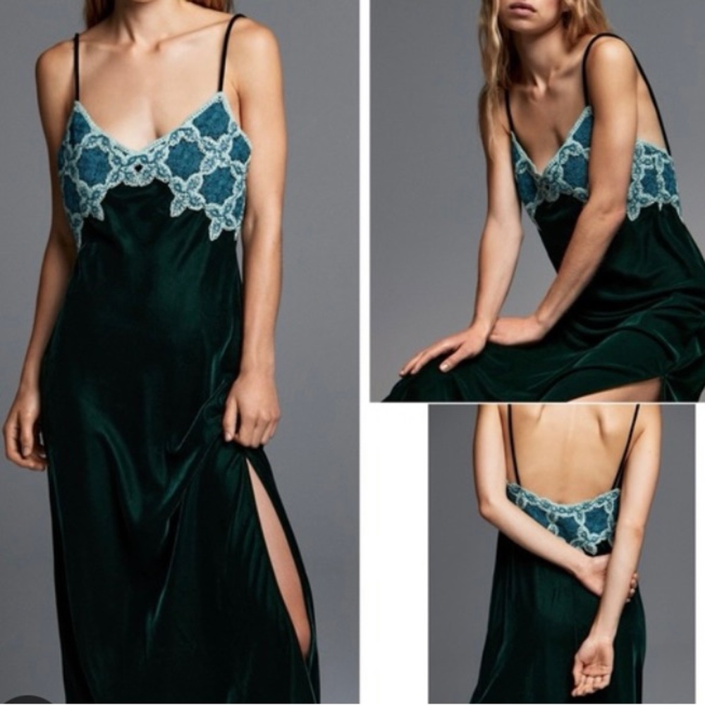 NWOT Zara Green Velvet and Crochet Dress